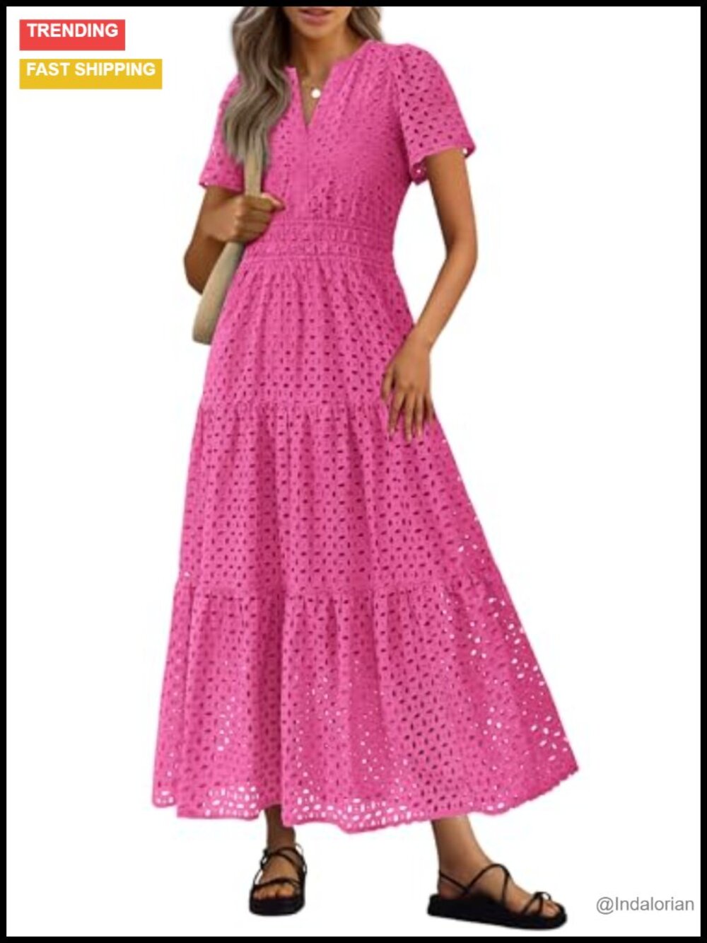 Women's Summer Hollow Out Eyelet Maxi Dress A Line Short Sleeve V Neck